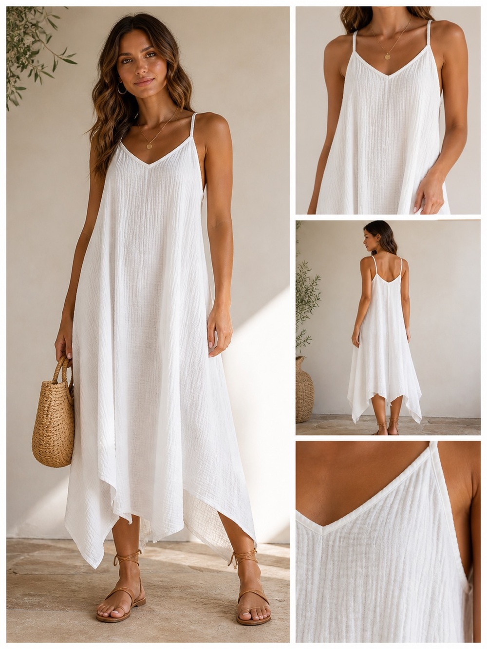 Boho White Gauze Midi Dress | BOBI Los Angeles | Flowy Summer Sundress